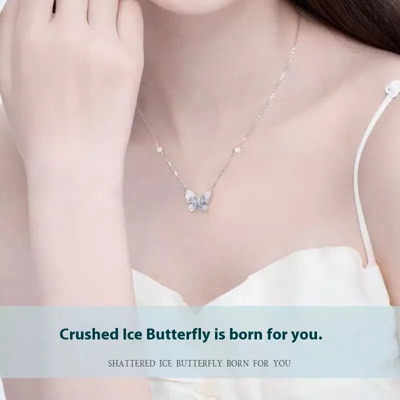 S925 sterling silver Bingyu butterfly necklace with ice rain pendant on O-ring chain