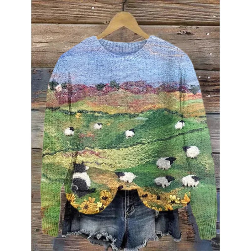 Little Flower digital printed round neck sweater in polyester, shown on a hanger.