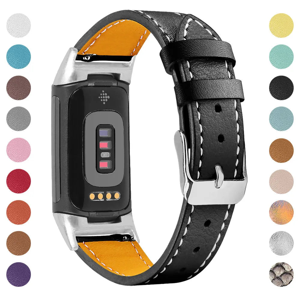 Genuine leather replacement strap for Fitbit Charge 5 and Charge 6 smartwatches in multiple colour options.