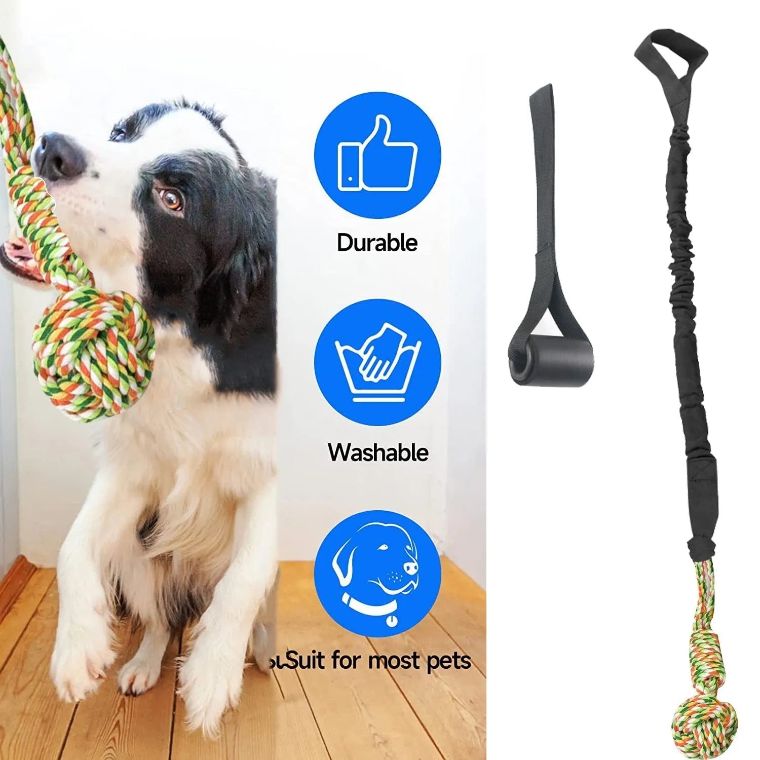 Cotton thread dog tug of war rope toy in black grey and red for teeth cleaning
