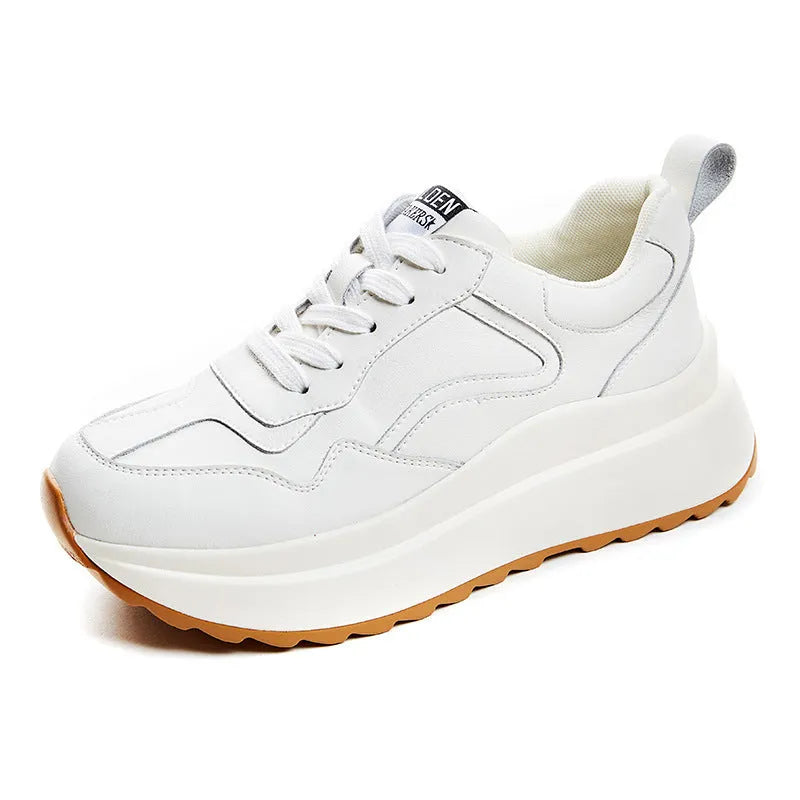 Women's beige cattlehide leather casual sports shoes with cross strap and English muffin heel