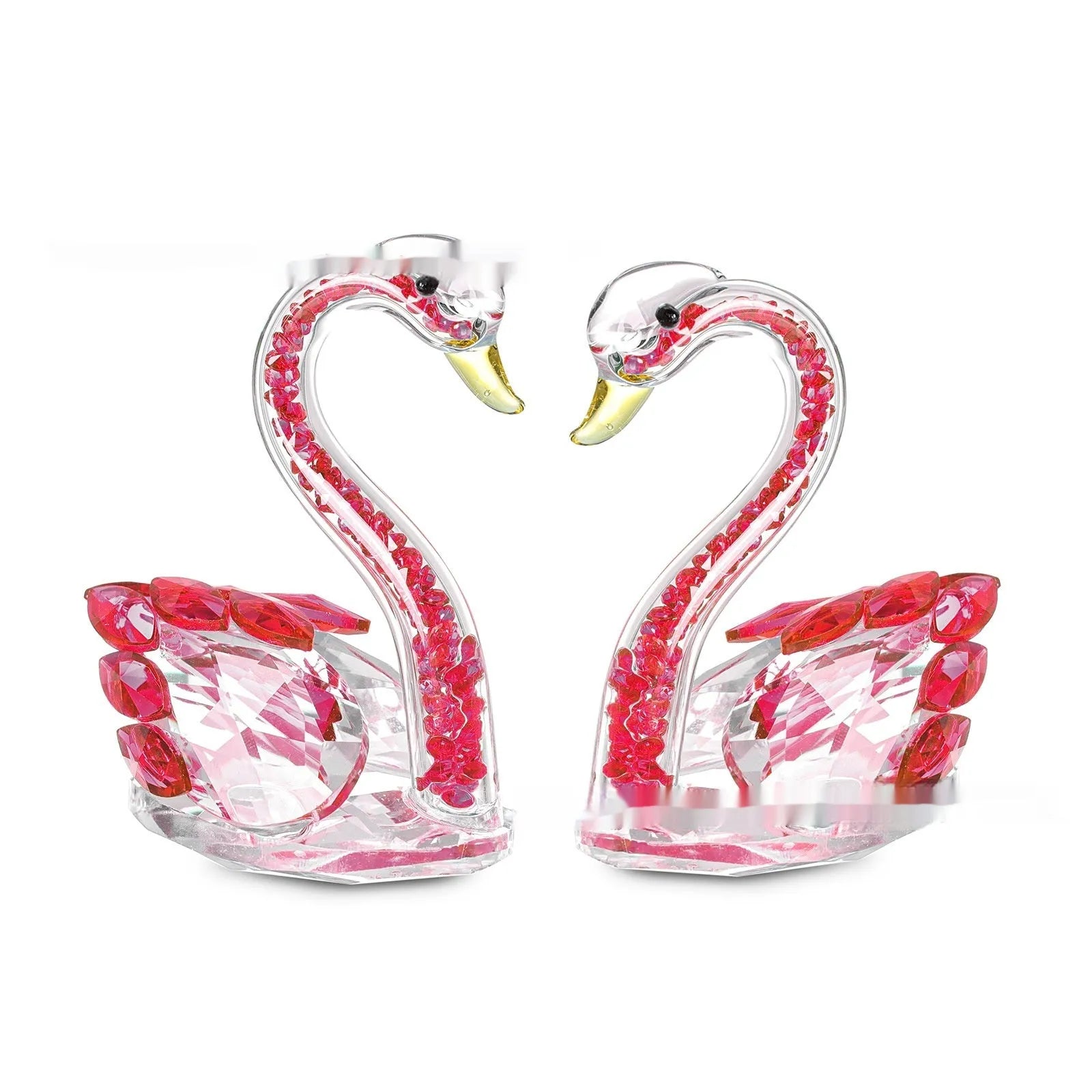Crystal swan desktop ornament in red, blue, pink, or purple on a wooden surface.
