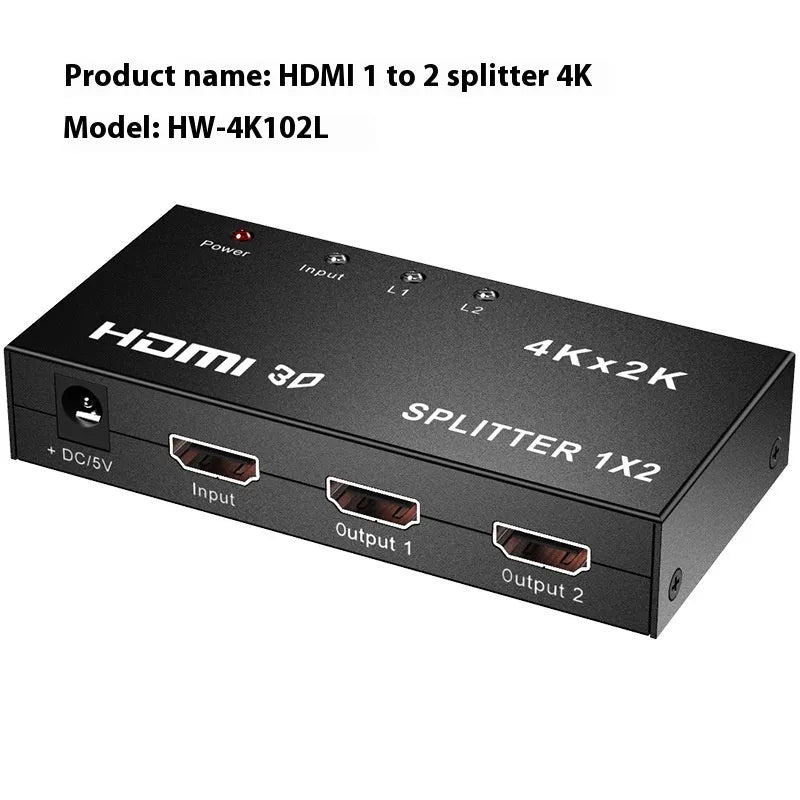 4K HDMI one input to two output splitter with USB power cable and regional plug options