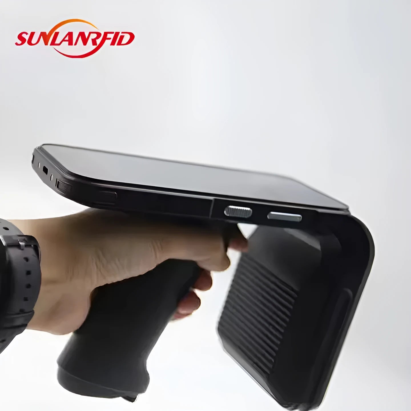SLP-05 black portable UHF RFID Android handheld reader with scan trigger and display.
