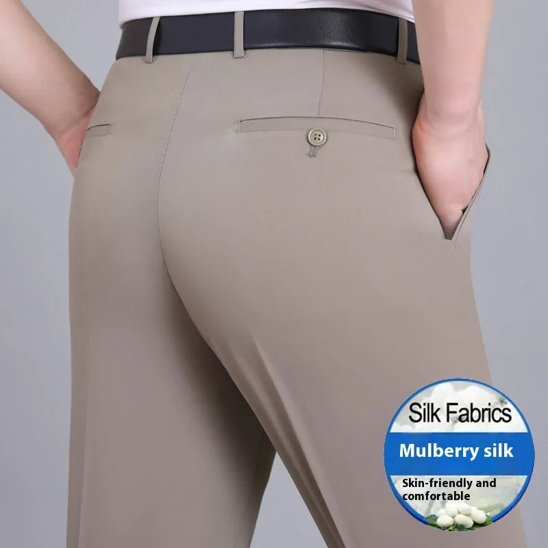 Men's straight fit mulberry silk blend business trousers with high waist in dark blue colour