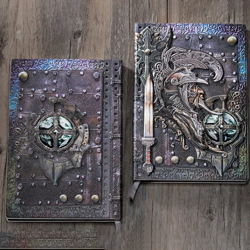 A5 leather notebook with embossed 3D warriors relief design in metallic colour options