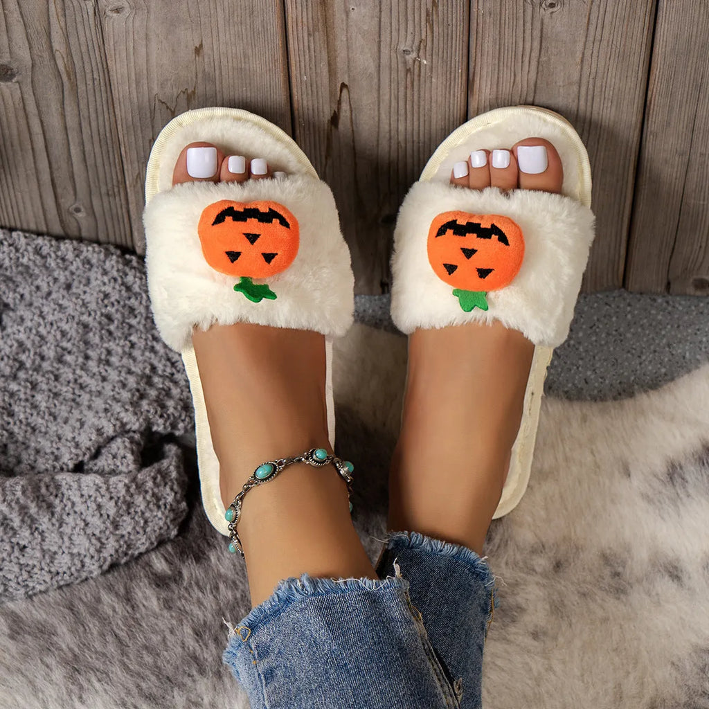 Pumpkin cartoon plush open toe slippers in white and yellow colours with synthetic fur upper