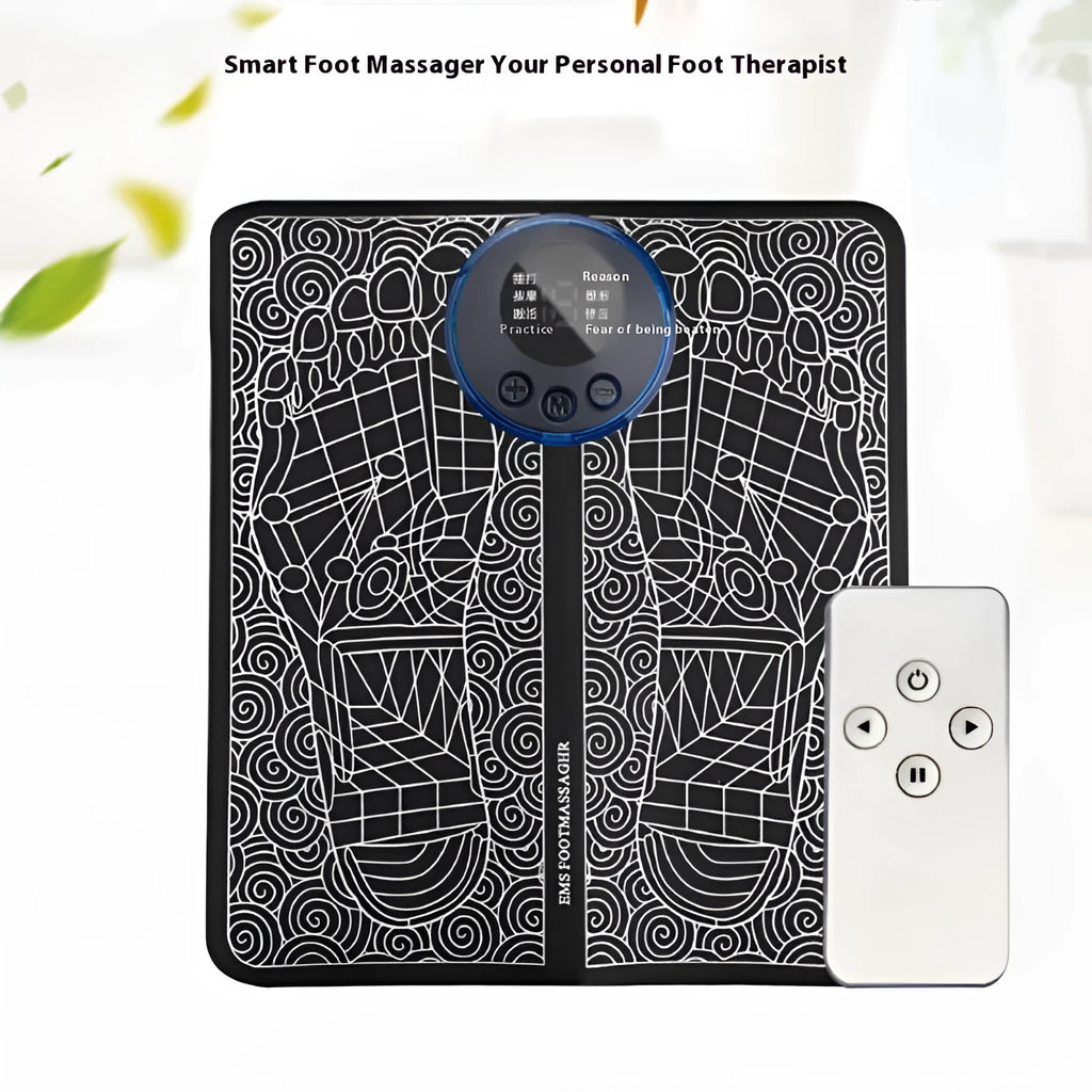 English Style leather foot massage cushion with wireless remote control and LCD display showing massage modes.