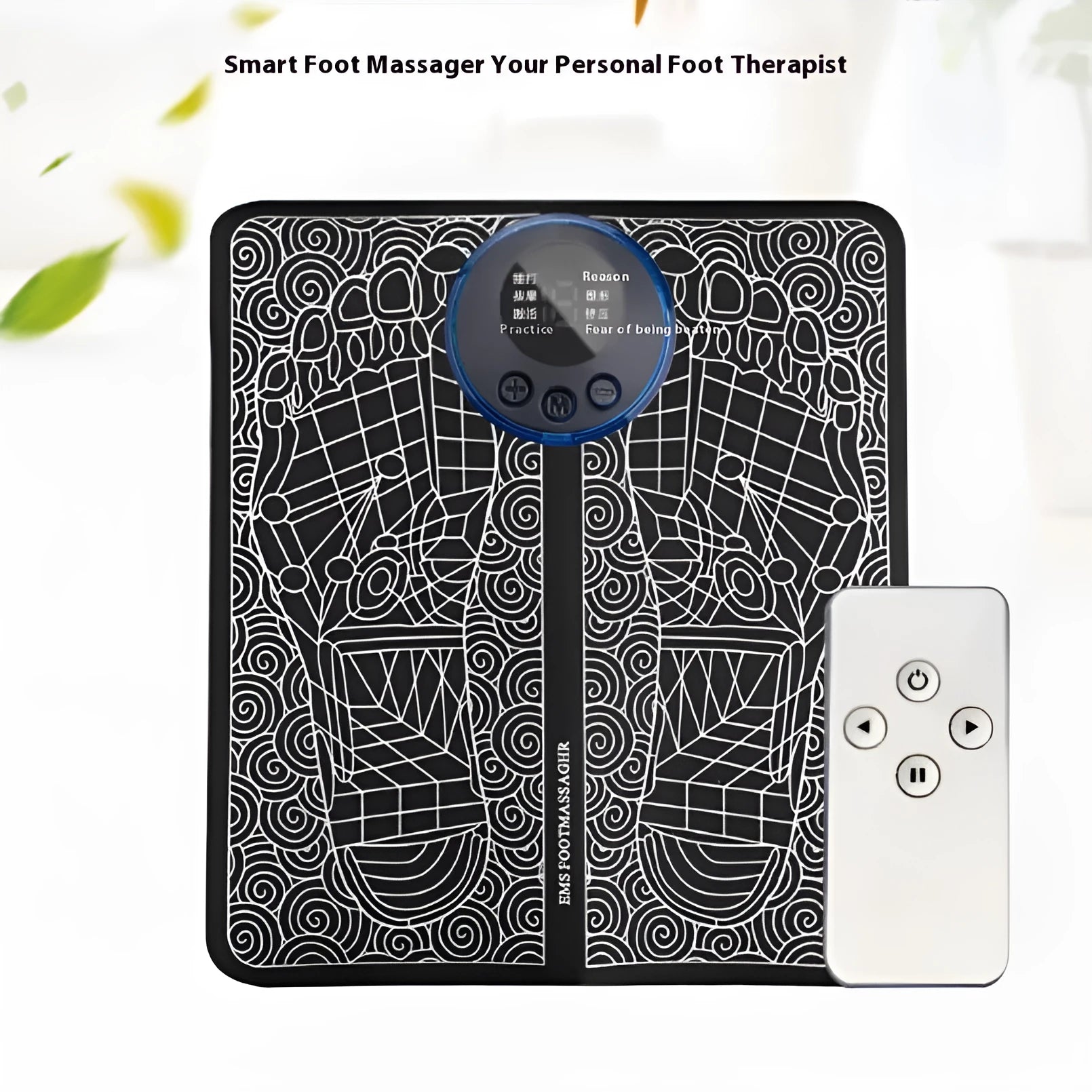English Style leather foot massage cushion with wireless remote control and LCD display showing massage modes.