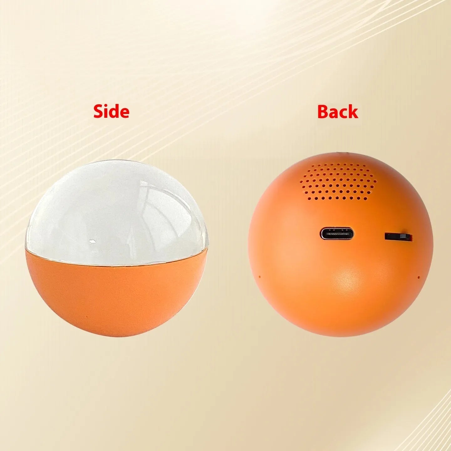 Electronic ball video player with round screen showing video playback, available in multiple shell colours