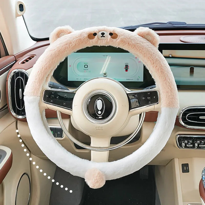 Plush winter steering wheel cover with embroidered animal design fits 38cm diameter