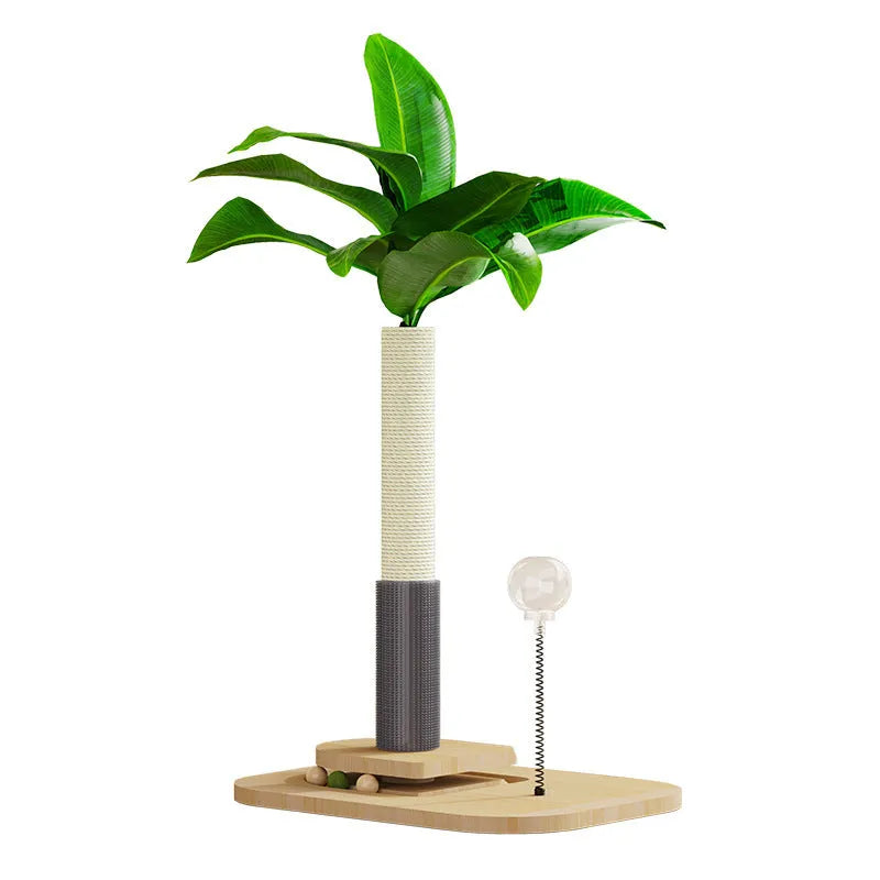 Vertical wooden cat scratching post in canna colour with a grab column top featuring a food drop ball.