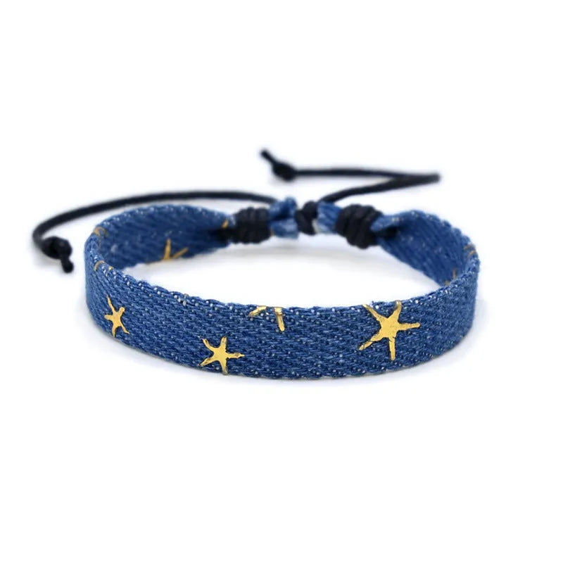 Denim fabric bracelet carrying strap in unisex design with mixed materials and cute styling
