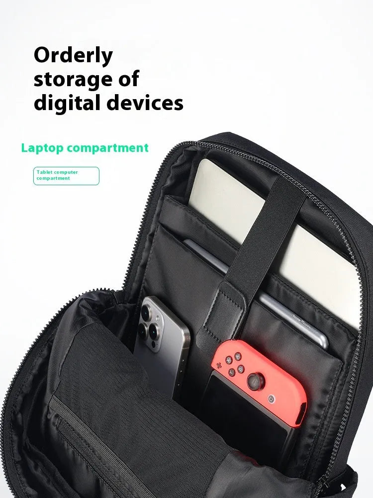 Black Oxford cloth laptop backpack with 20-35L capacity and multiple storage compartments