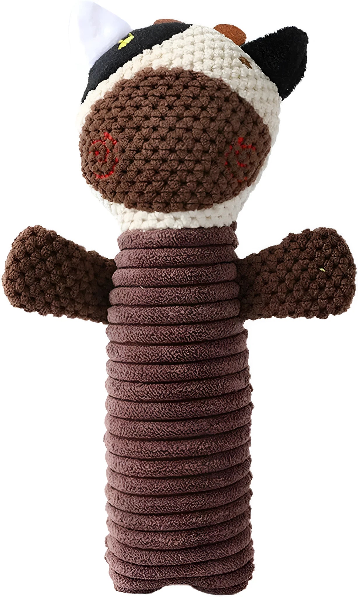 A cloth stuffed animal dog chew toy with a squeaker, shown next to a ruler measuring 19 cm in length.