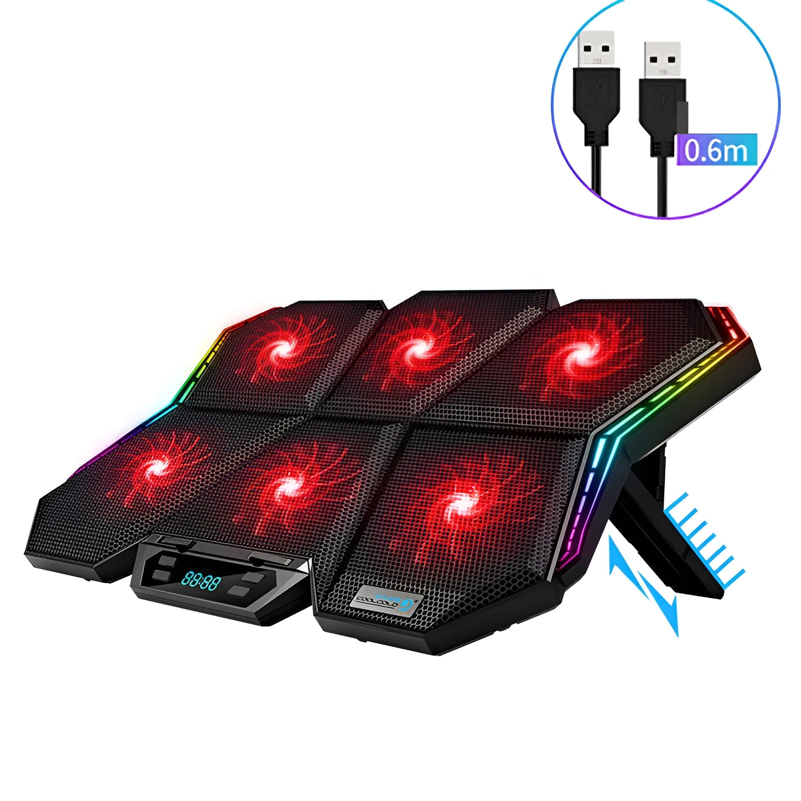 Black and red notebook radiator with six cooling fans for laptop heat dissipation