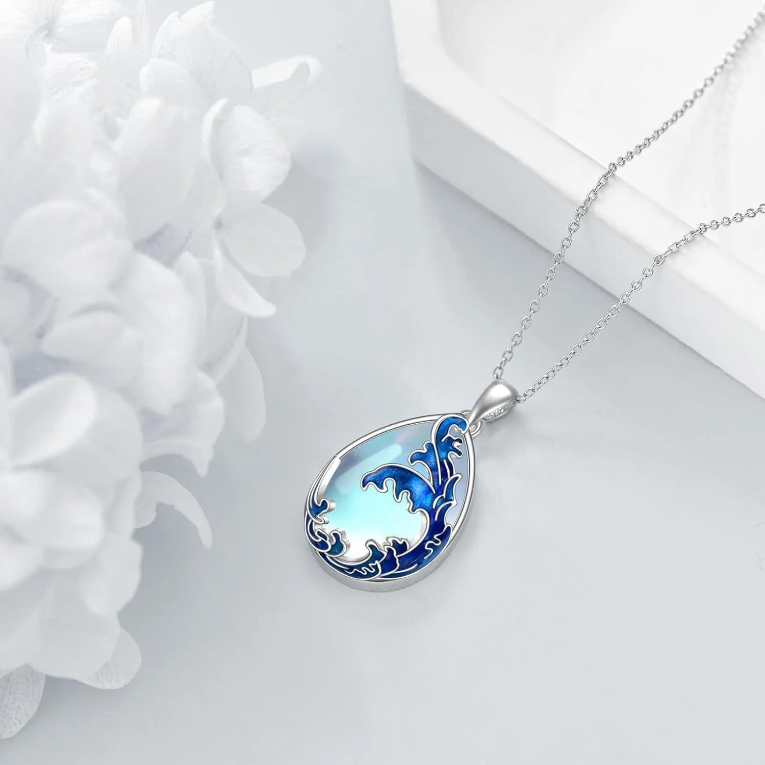Moonstone blue alloy pendant necklace with heart-shaped design for women