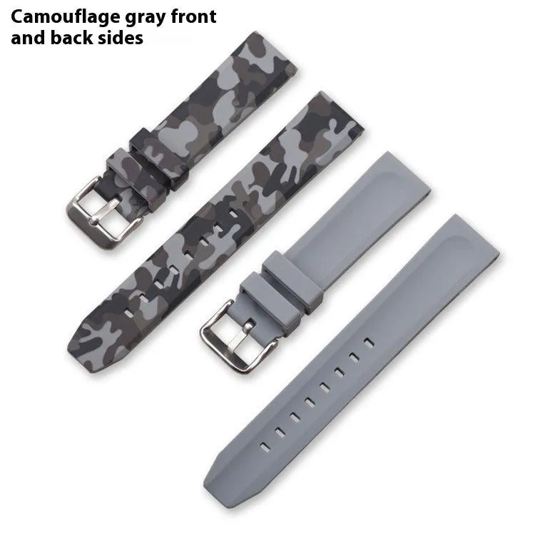 Green camouflage silicone watch strap showing 20mm width and buckle.