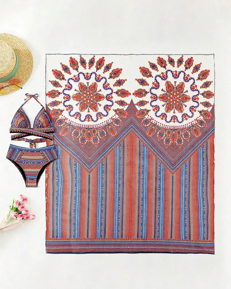 Women's three-piece swimsuit set showing high-waist briefs, cutout sleeveless blouse, and a coat.