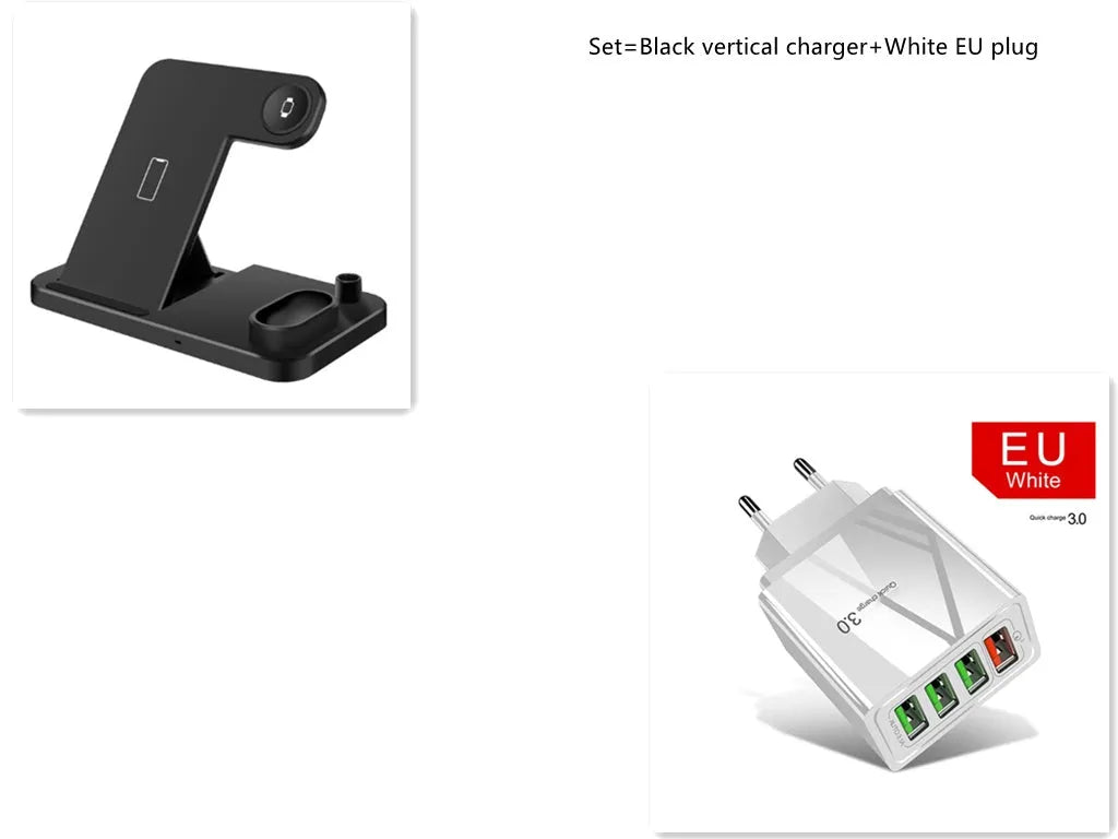 Black 4-in-1 wireless charging station showing phone, Apple Watch, AirPods, and Apple Pencil charging simultaneously.