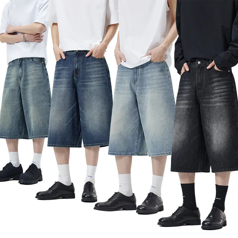 Men's light blue denim shorts with a straight leg and cropped length on a mannequin.