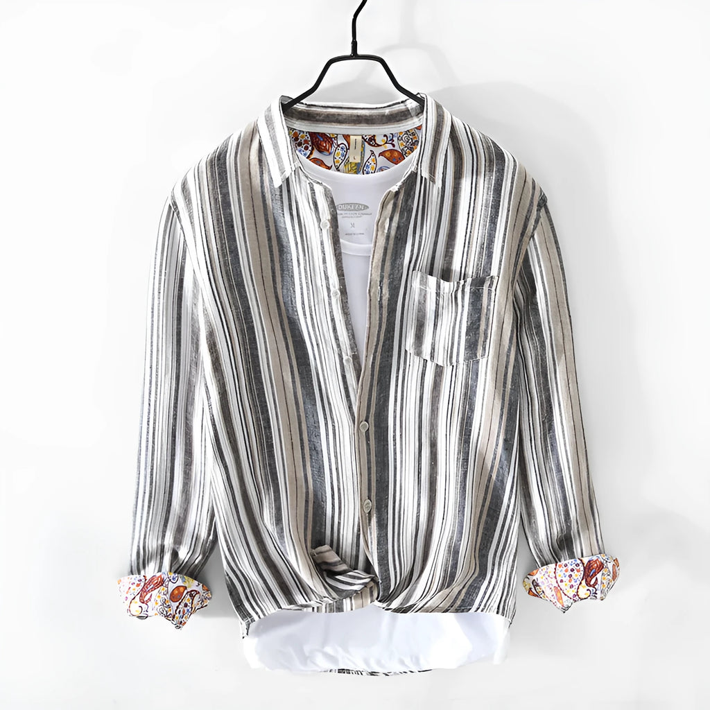 Men's casual linen striped shirt in loose fit with long sleeves available in red or grey colours