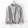 Men's casual linen striped shirt in loose fit with long sleeves available in red or grey colours