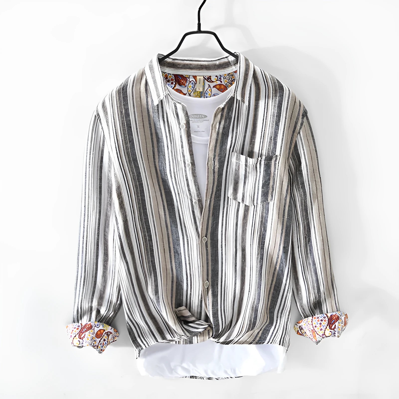 Men's casual linen striped shirt in loose fit with long sleeves available in red or grey colours