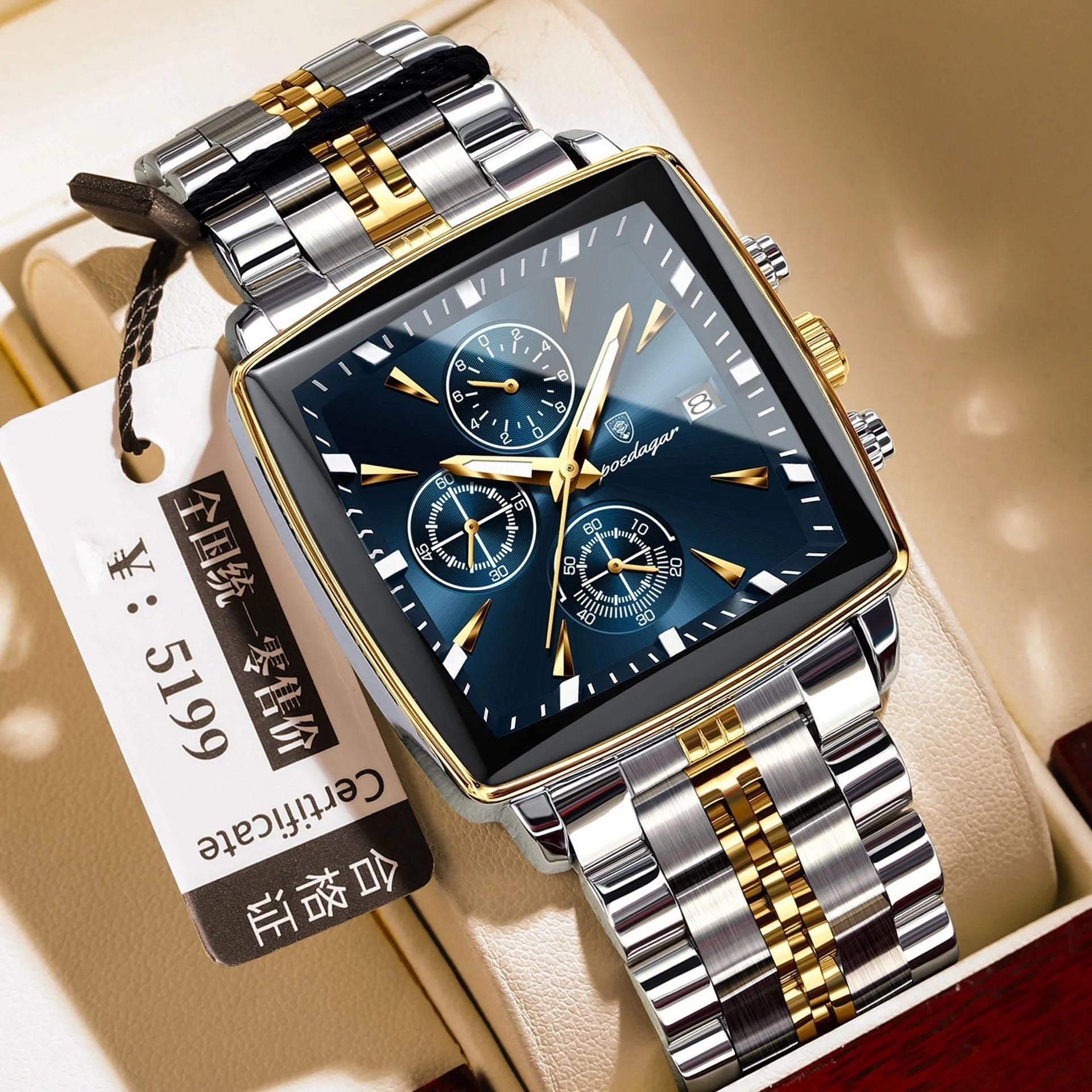 Square men's business watch with stainless steel strap showing gold case with blue dial colour option