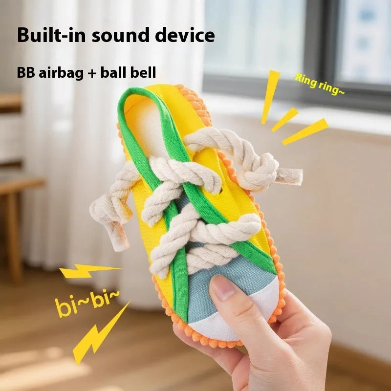 Dog sound slippers toy in plastic with self-hi feature for chewing and bending actions
