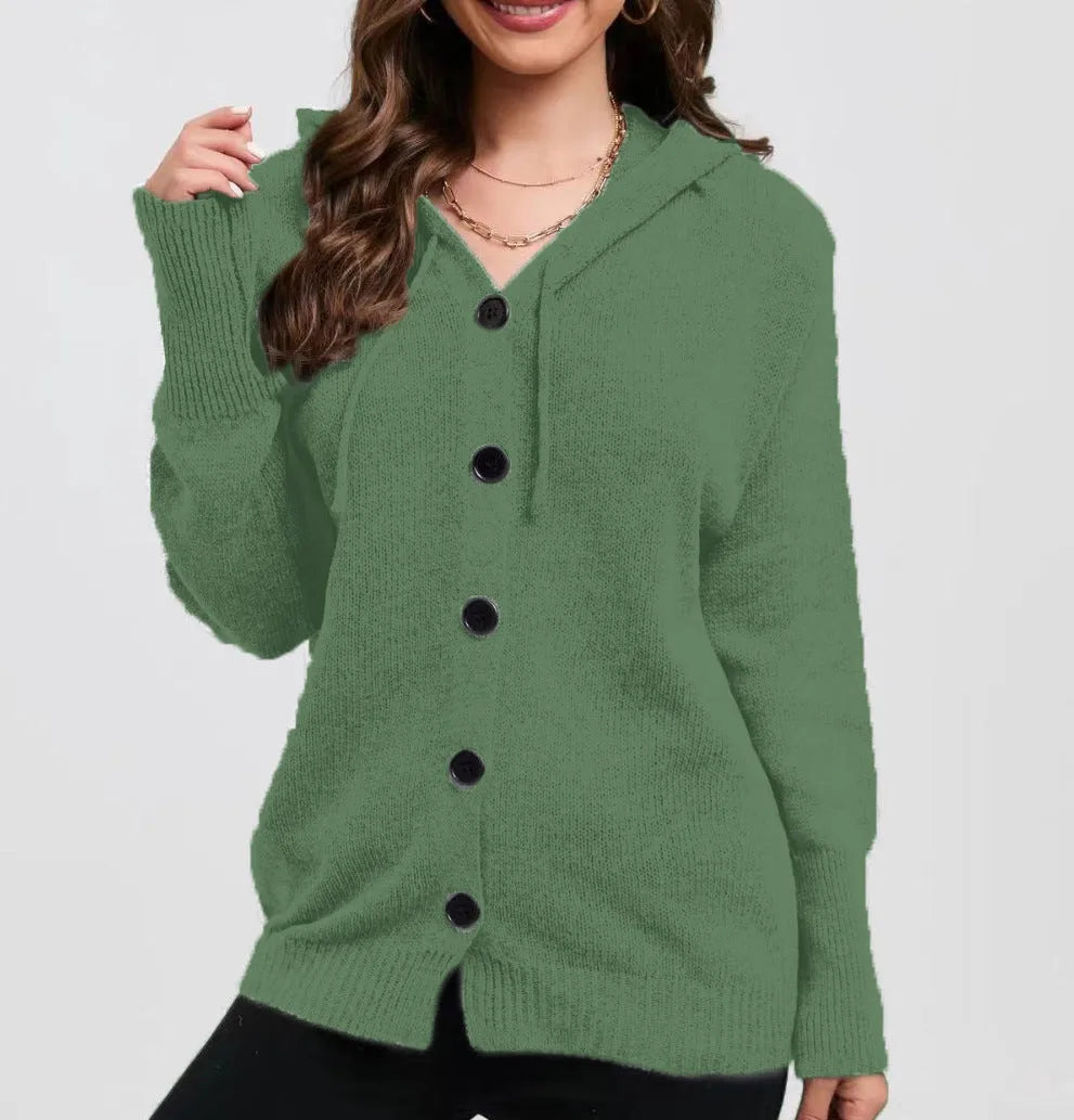 Women's thick cotton hooded cardigan sweater in loose fit solid colour
