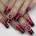 Wine red gradient plaid false nail tips with long ballet shape and jelly glue kit