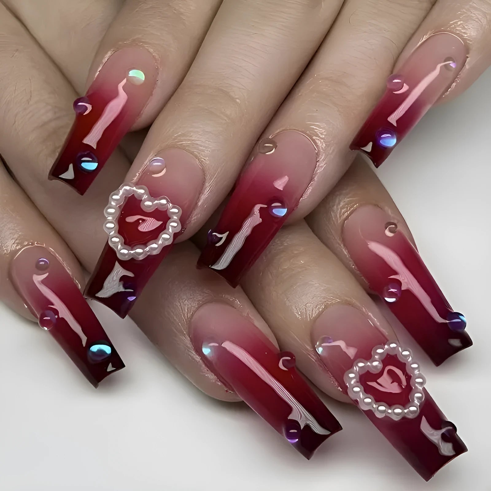 Wine red gradient plaid false nail tips with long ballet shape and jelly glue kit