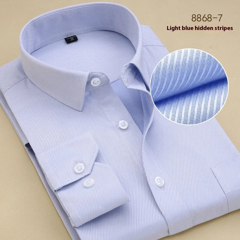 Men's black slim fit cotton business shirt with cardigan collar on a hanger