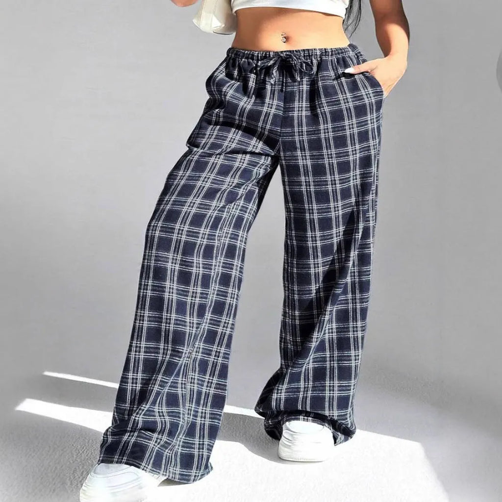 Women's blue plaid casual trousers with elasticated drawstring waist and side pockets