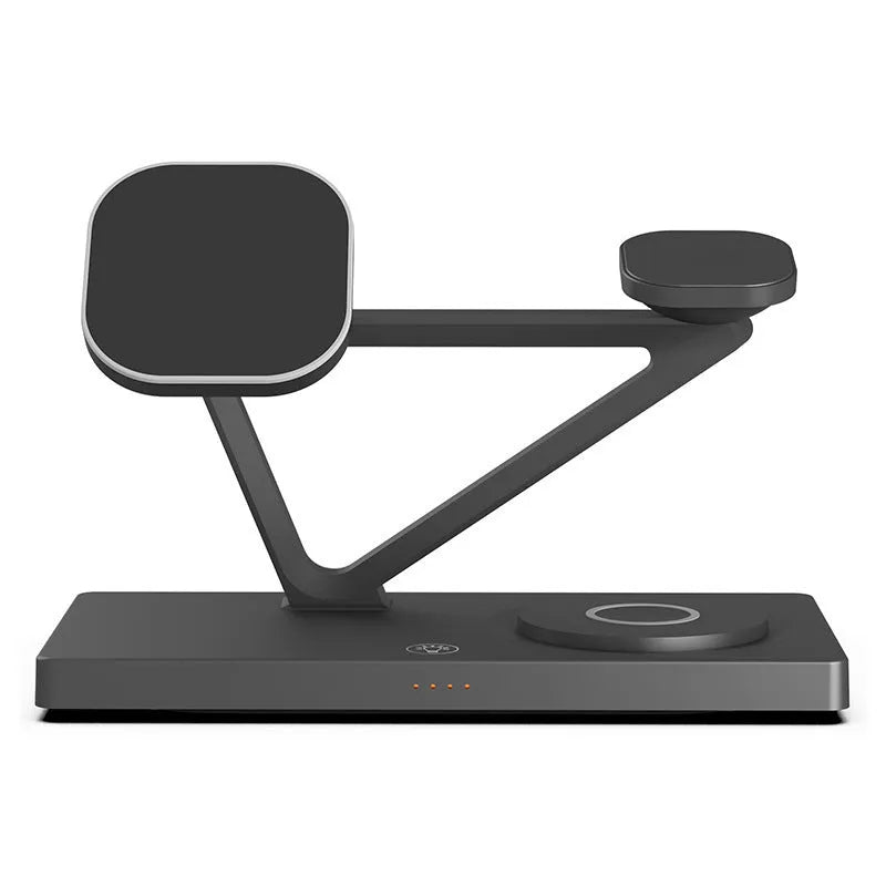 Five-in-one wireless charging night lamp in black showing magnetic phone bracket, circular charging base, and dedicated watch charging position