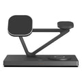 Five-in-one wireless charging night lamp in black showing magnetic phone bracket, circular charging base, and dedicated watch charging position