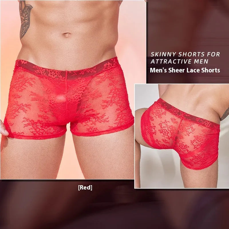 Men's black lace boxers made from nylon fabric in a free size.