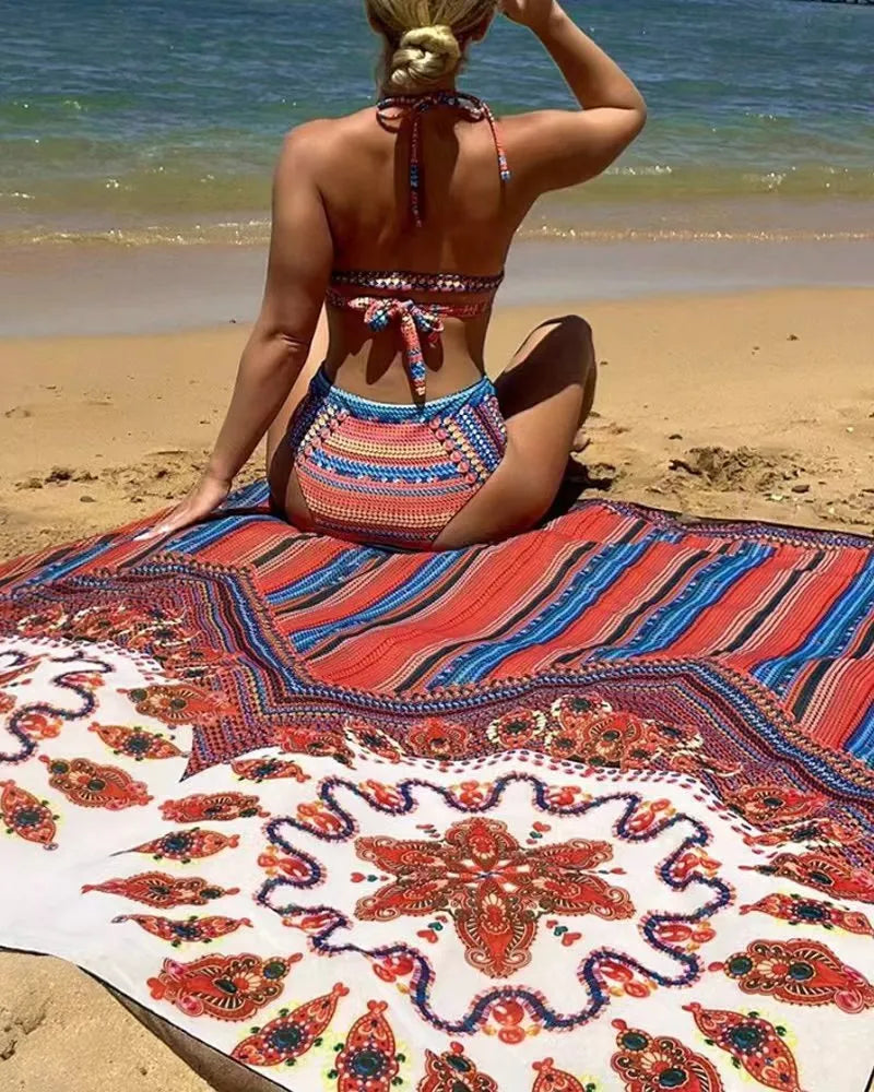 Women's three-piece swimsuit set showing high-waist briefs, cutout sleeveless blouse, and a coat.