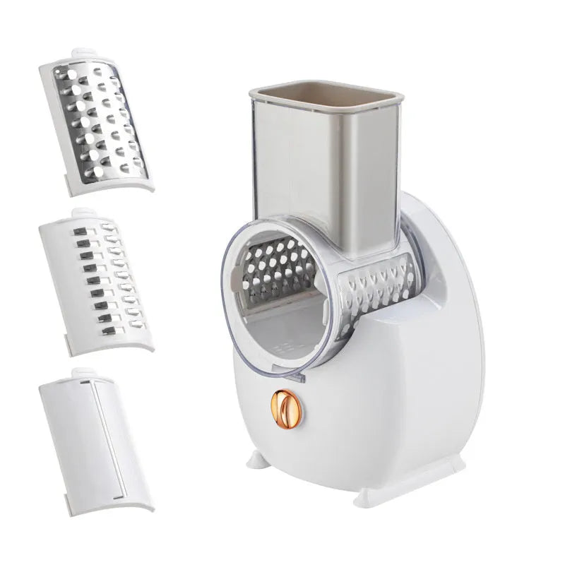 White electric vegetable slicer with rotary grater and multifunctional cutting blades for potatoes and carrots