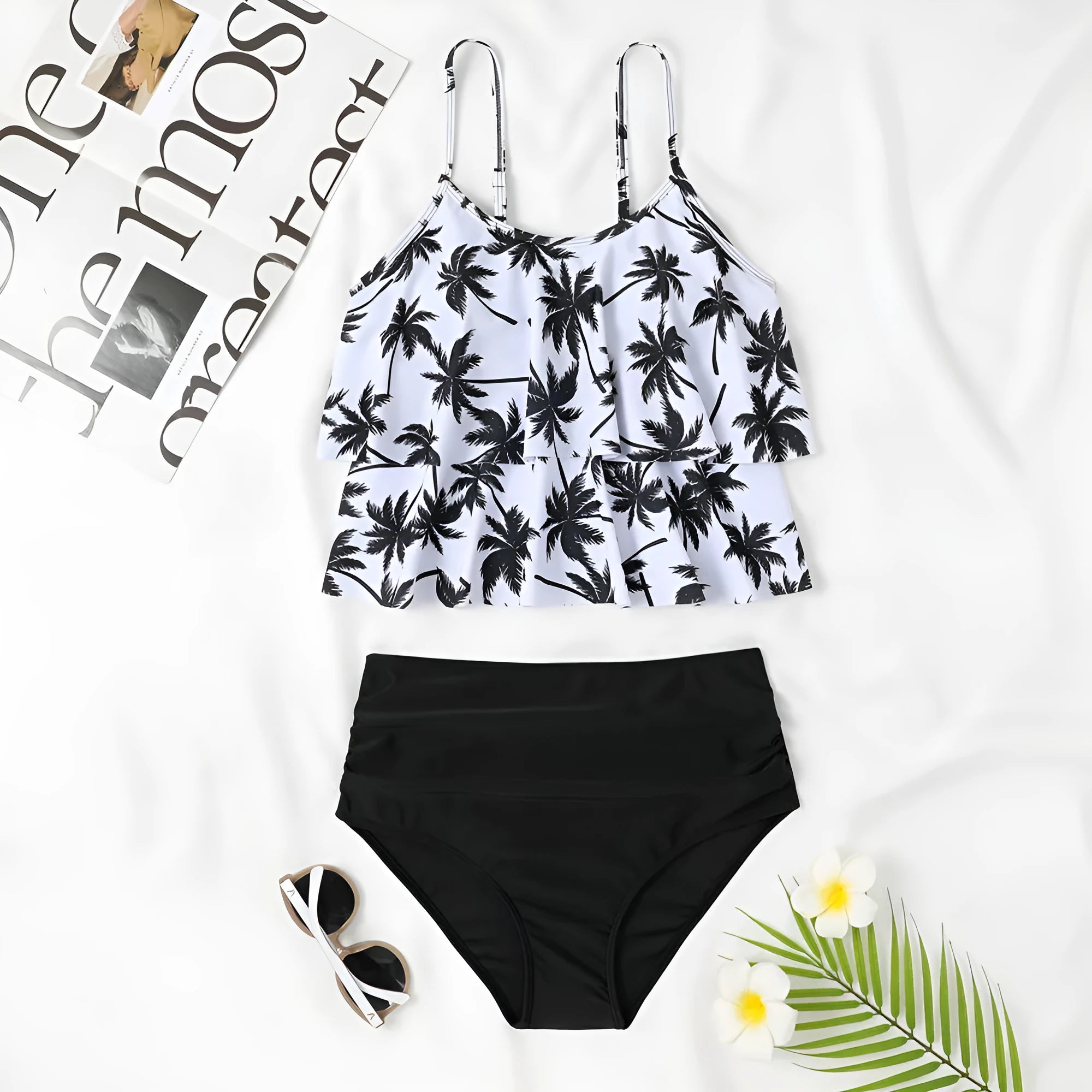 Women's black high-waist two-piece swimsuit with coconut tree print option, shown as a top and briefs set.