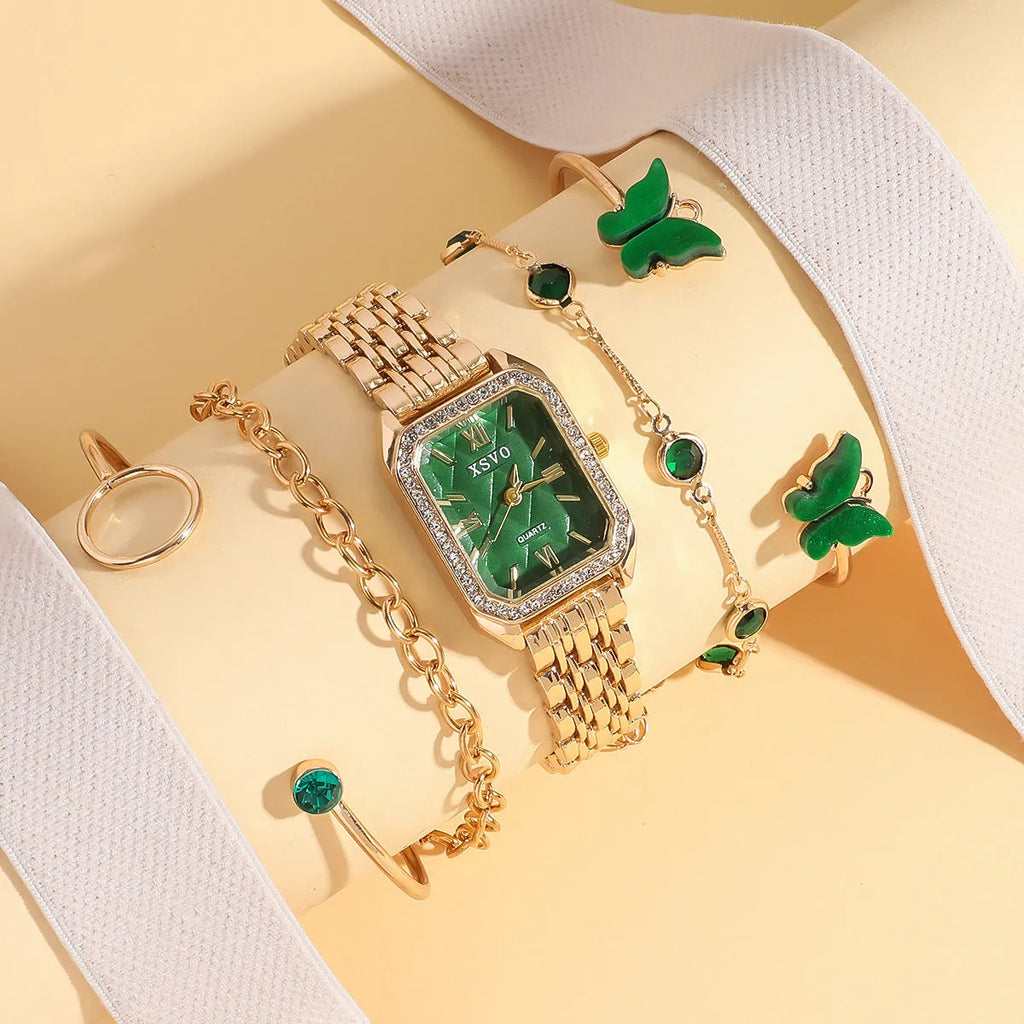 Gold green square women's watch with four matching bracelets, alloy case and jewellery buckle