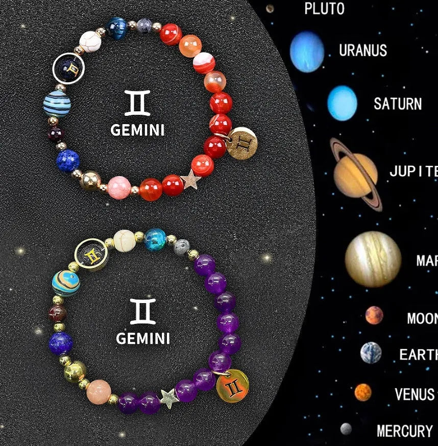 Natural stone beaded zodiac bracelet set showing twelve astrology constellation designs with adjustable cord