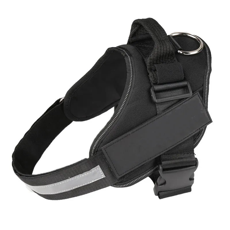 A reflective adjustable no-pull dog harness in a vest style, shown on a dog with a personalised patch.
