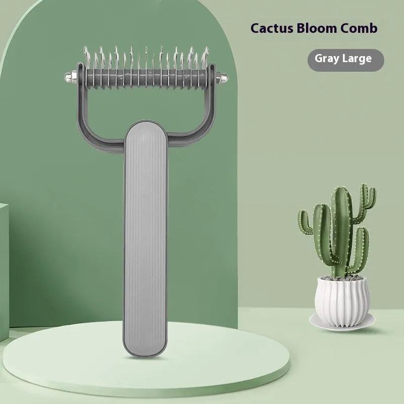 Green and grey pet grooming comb with stainless steel blades for de-tangling dog fur in small and large sizes