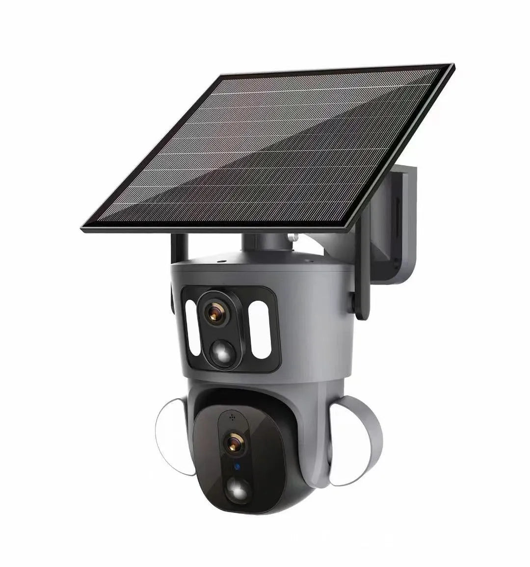 Solar binocular three-screen surveillance camera with solar panel and dual connectivity options