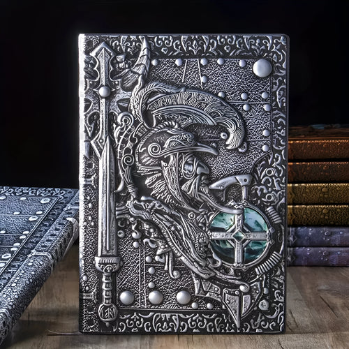 A5 leather notebook with embossed 3D warriors relief design in metallic colour options