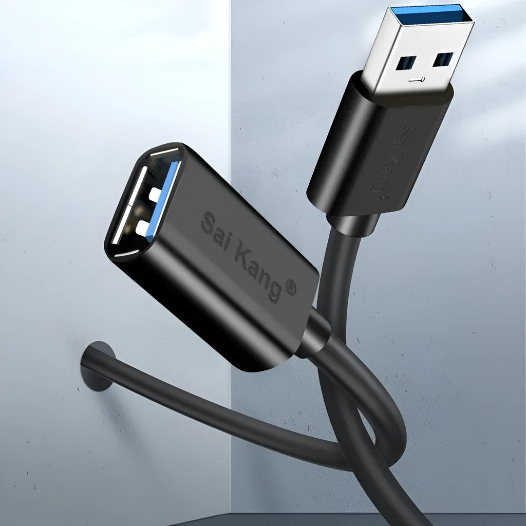 Black USB extension cable showing male and female connectors with length options from 1 to 5 metres