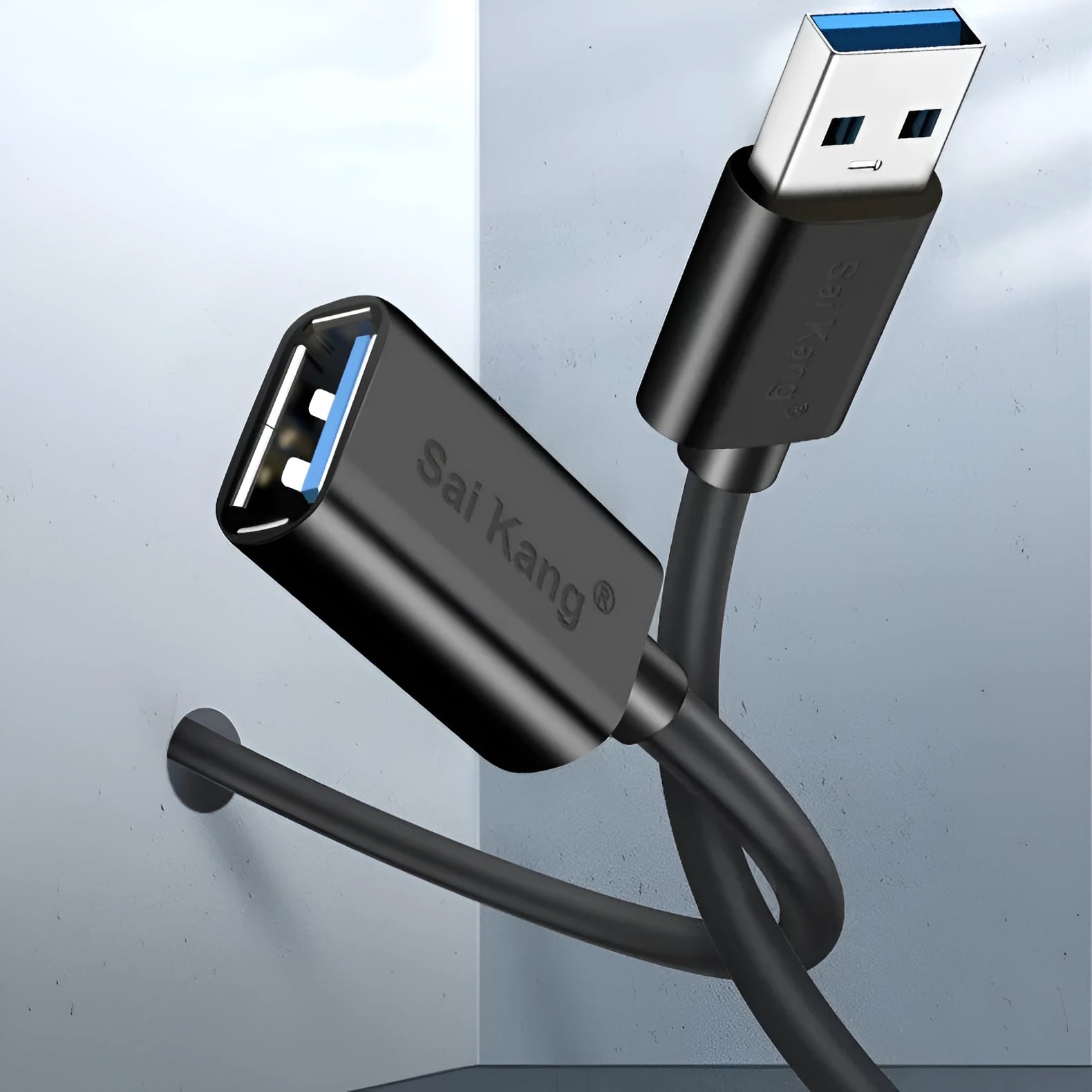 Black USB extension cable showing male and female connectors with length options from 1 to 5 metres
