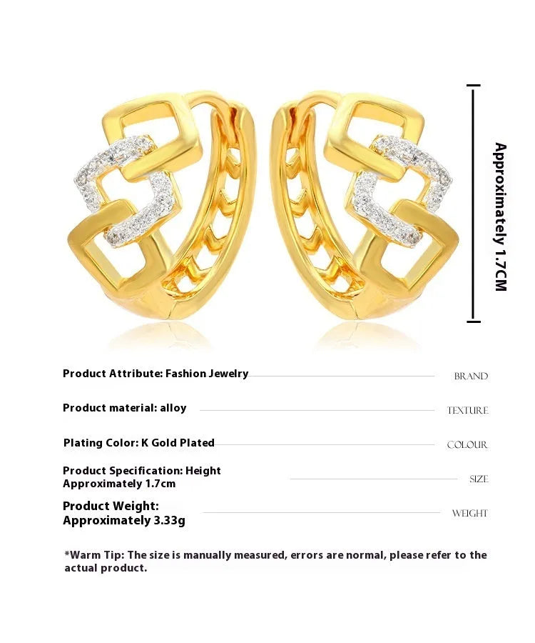 Gold geometric hollow-out clip earrings with colour separation design on alloy metal